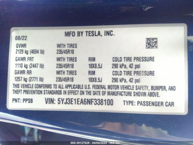 5YJ3E1EA6NF338100 Tesla Model 3 Rear-wheel Drive