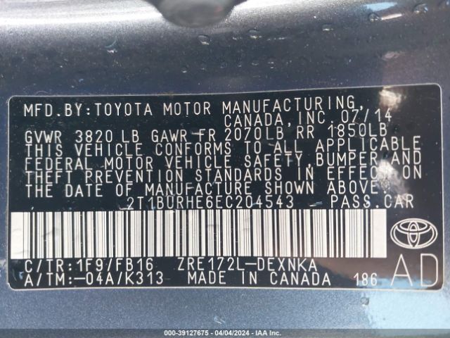 2T1BURHE6EC204543 Toyota Corolla Le Plus