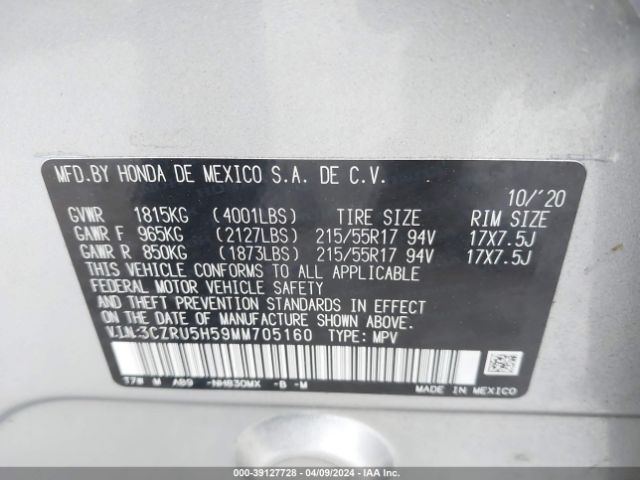 3CZRU5H59MM705160 Honda Hr-v 2wd Ex