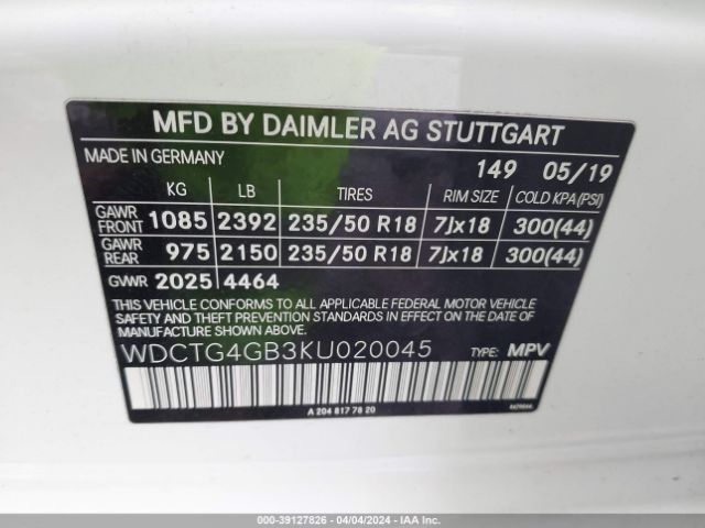 WDCTG4GB3KU020045 Mercedes-Benz Gla 250 4matic