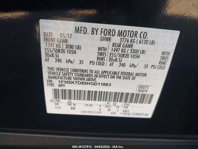 Aukcja sprzedaży 2017 Ford Explorer Xlt, vin: 1FM5K7D85HGD11883, numer aukcji: 39127912