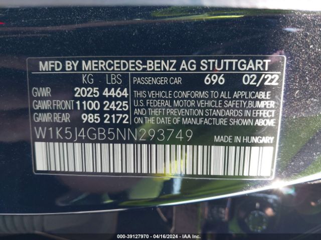 W1K5J4GB5NN293749 Mercedes-Benz Cla 250 Coupe