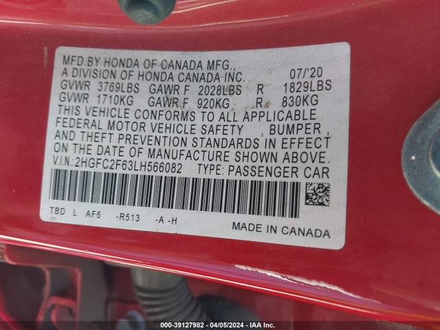 Honda Civic Lx 2020 2HGFC2F63LH566082 Image 9