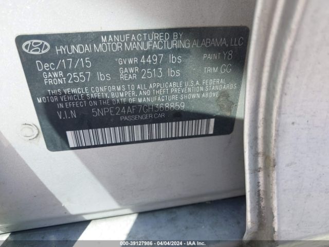 5NPE24AF7GH368859 Hyundai SONATA SE