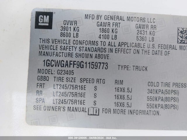 Chevrolet Express 2500 Work Van 2016 1GCWGAFF9G1159773 Image 9