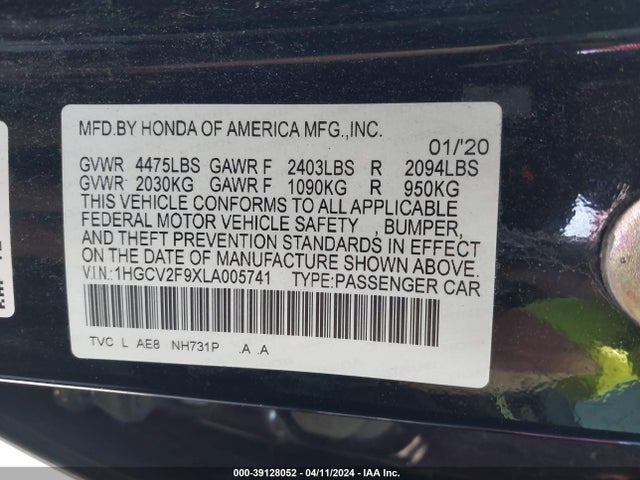Honda Accord Touring 2020 1HGCV2F9XLA005741 Image 9