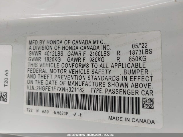 Honda CIVIC EX 2022 2HGFE1F7XNH321182 Image 9
