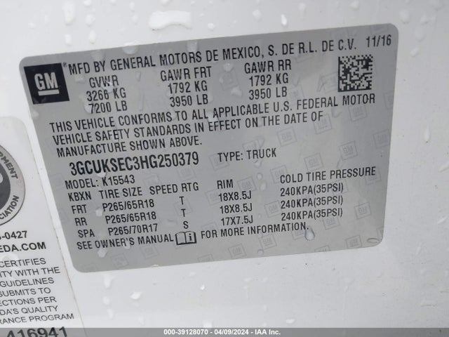 Chevrolet Silverado 1500 1lz 2017 3GCUKSEC3HG250379 Image 9
