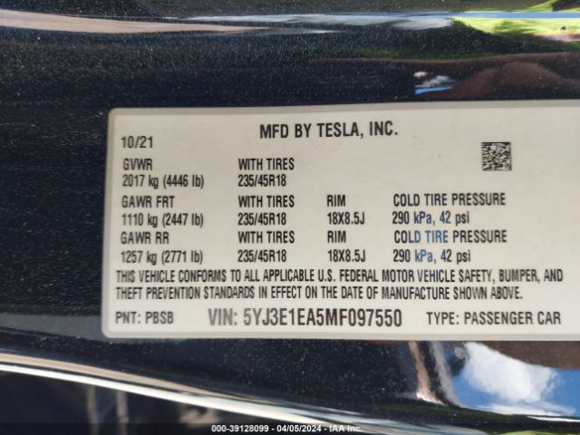 5YJ3E1EA5MF097550 Tesla Model 3 Standard Range Plus Rear-wheel Drive