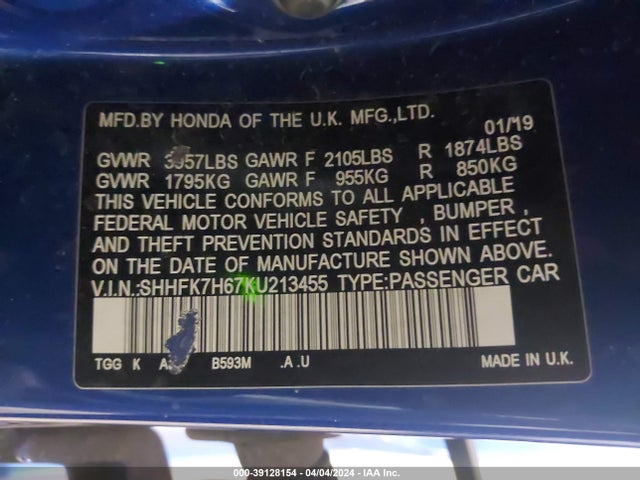 Honda CIVIC EX 2019 SHHFK7H67KU213455 Image 9