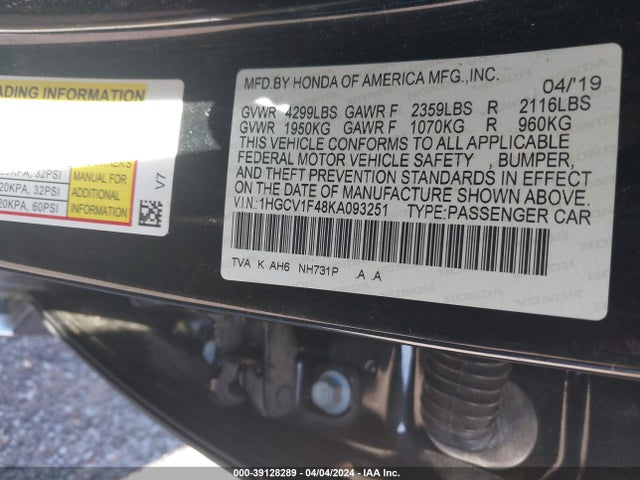 Honda ACCORD EX 2019 1HGCV1F48KA093251 Image 9