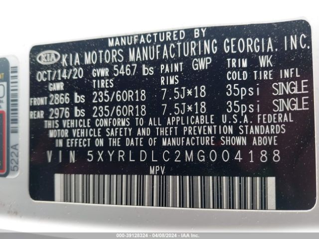 5XYRLDLC2MG004188 KIA SORENTO S