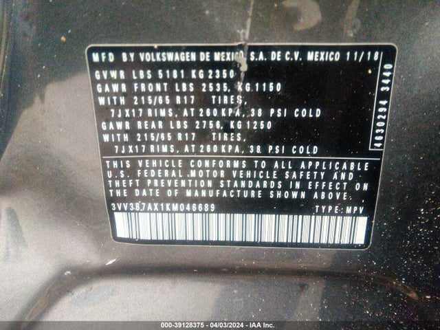 3VV3B7AX1KM046689 Volkswagen Tiguan 2.0t Se/2.0t Sel/2.0t Sel R-line/2.0t Sel R-line Black