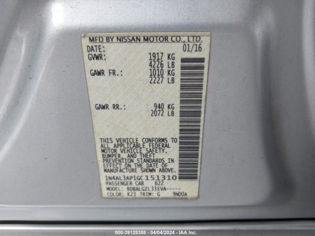 1N4AL3AP1GC151310 Nissan Altima 2.5/2.5 S/2.5 Sl/2.5 Sr/2.5 Sv