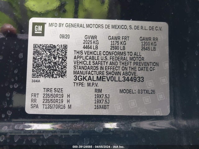3GKALMEV0LL344933 GMC Terrain Fwd Sle