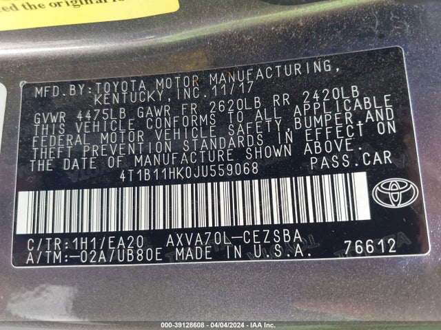 Toyota CAMRY SE 2018 4T1B11HK0JU559068 Image 9