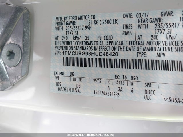 Ford ESCAPE SE 2017 1FMCU9G93HUD48420 Image 9