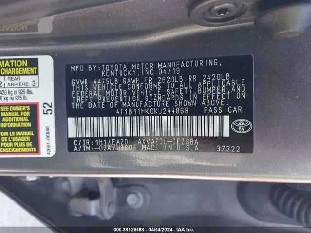 Toyota CAMRY SE 2019 4T1B11HK0KU244868 Image 9