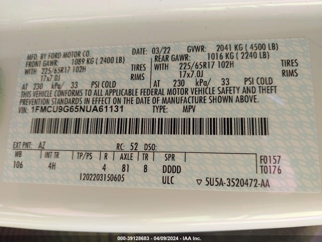 Ford ESCAPE SE 2022 1FMCU9G65NUA61131 Image 9