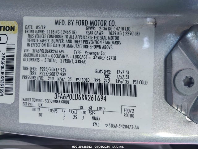 Ford Fusion Hybrid Se 2019 3FA6P0LU6KR261694 Image 9