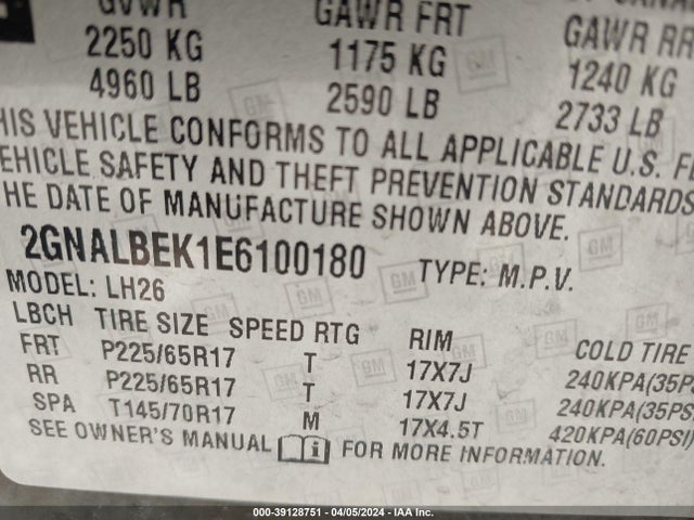 Chevrolet EQUINOX 1LT 2014 2GNALBEK1E6100180 Image 9