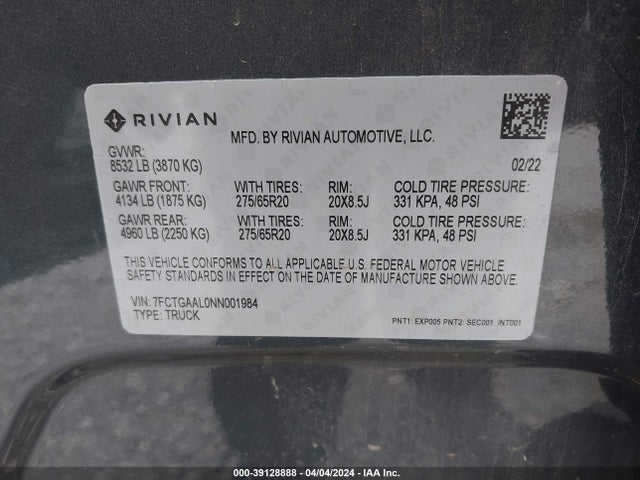 Rivian R1t Launch Edition 2022 7FCTGAAL0NN001984 Image 9