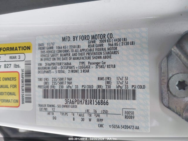 Ford FUSION SE 2018 3FA6P0H78JR156866 Image 9