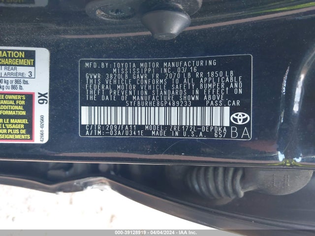 Toyota COROLLA L 2016 5YFBURHE8GP489233 Image 9