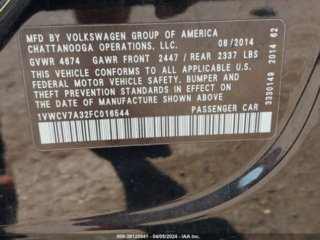 1VWCV7A32FC016544 Volkswagen Passat 2.0l Tdi Sel Premium