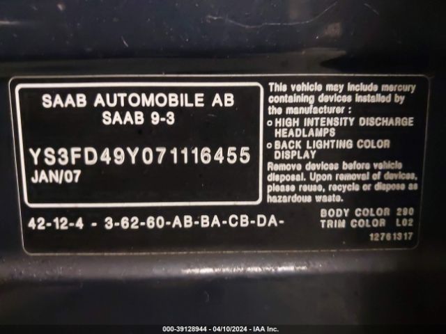 2007 SAAB 9-3 YS3FD49Y071116455 Photo 8