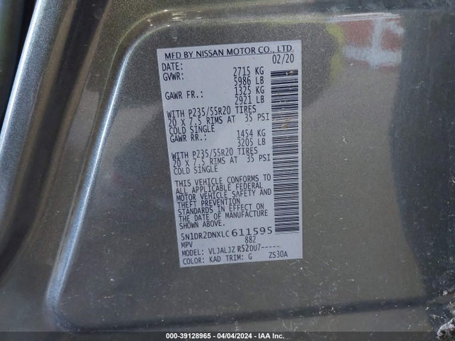 Nissan Pathfinder Platinum 2wd 2020 5N1DR2DNXLC611595 Image 9