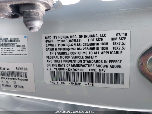 Honda Cr-v Ex-l 2019 7FARW1H82KE026193 Image 9