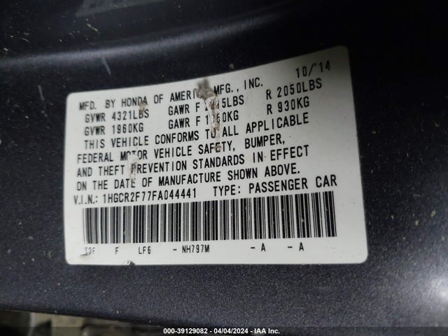 Honda ACCORD EX 2015 1HGCR2F77FA044441 Image 9