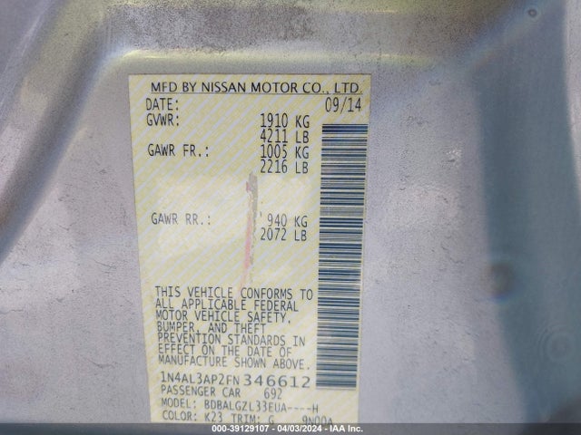 Nissan Altima 2.5 S 2015 1N4AL3AP2FN346612 Image 9