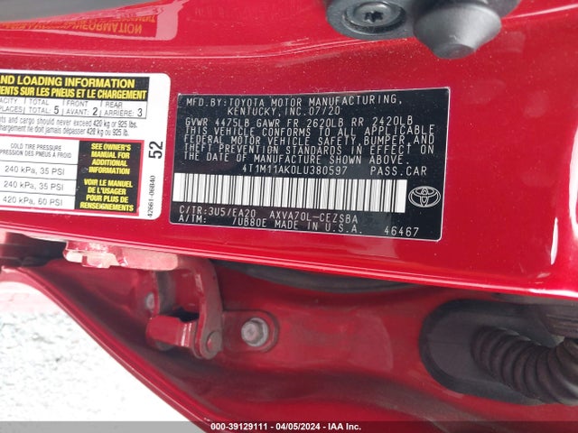 Toyota CAMRY SE 2020 4T1M11AK0LU380597 Image 9