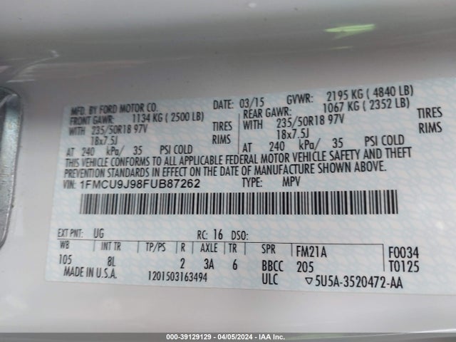 Ford Escape Titanium 2015 1FMCU9J98FUB87262 Image 9