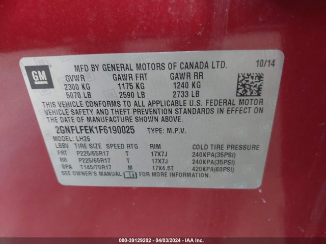 Chevrolet EQUINOX 1LT 2015 2GNFLFEK1F6190025 Image 9