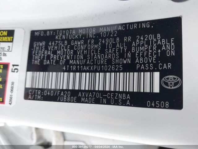 4T1R11AKXPU102625 Toyota CAMRY LE