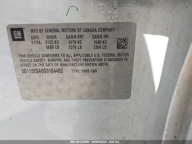 Chevrolet IMPALA 1LT 2016 2G1105SA8G9164483 Image 9