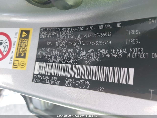 Toyota Highlander Limited 2018 5TDDZRFH9JS869333 Image 9