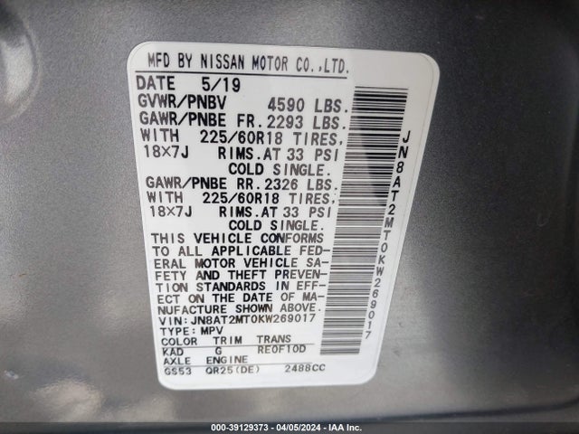 Nissan ROGUE SV 2019 JN8AT2MT0KW269017 Image 9
