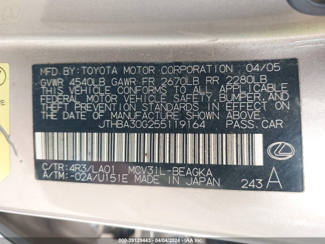 Продажа на аукционе авто 2005 Lexus Es 330, vin: JTHBA30G255119164, номер лота: 39129443