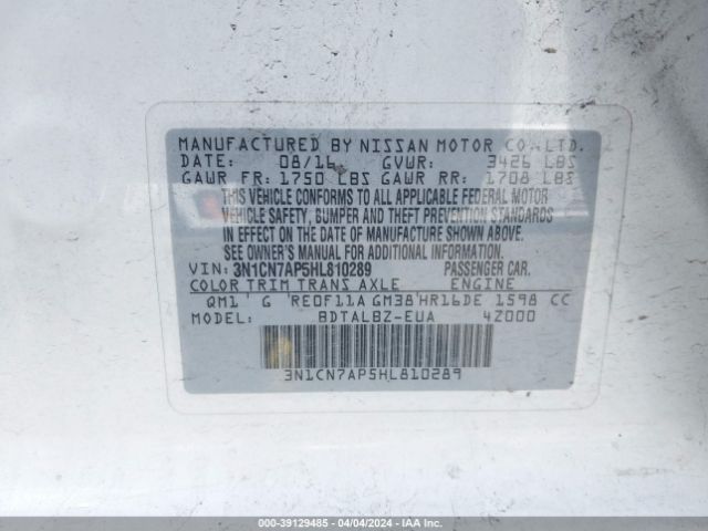 3N1CN7AP5HL810289 Nissan Versa 1.6 Sv