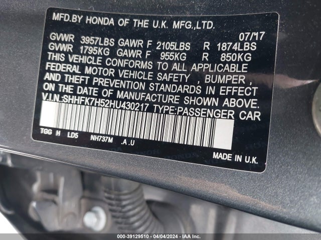 Honda CIVIC EX 2017 SHHFK7H52HU430217 Image 9