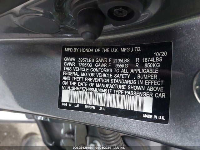 Honda CIVIC EX 2021 SHHFK7H66MU404917 Image 9