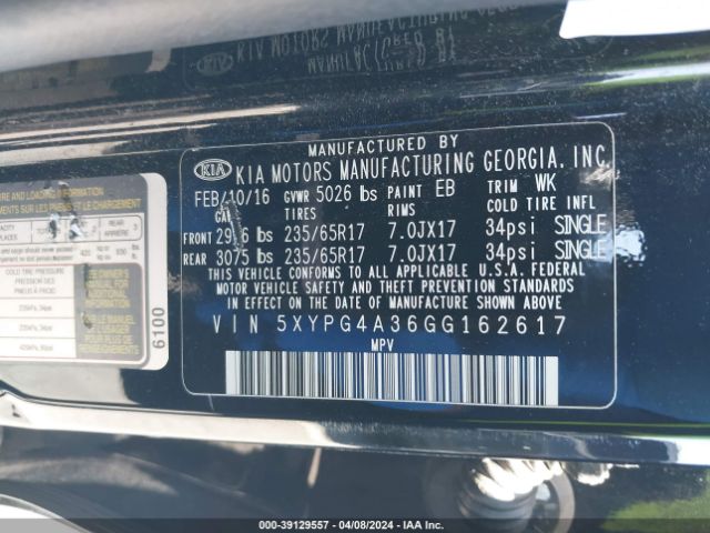 5XYPG4A36GG162617 KIA Sorento 2.4l Lx