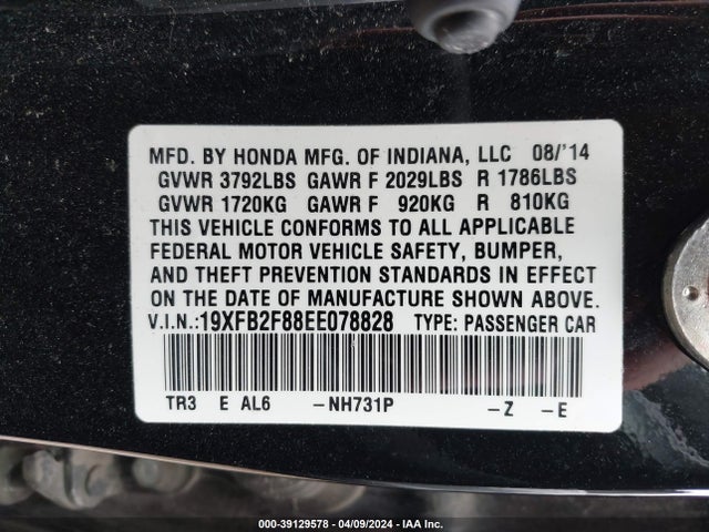 Honda CIVIC EX 2014 19XFB2F88EE078828 Image 9