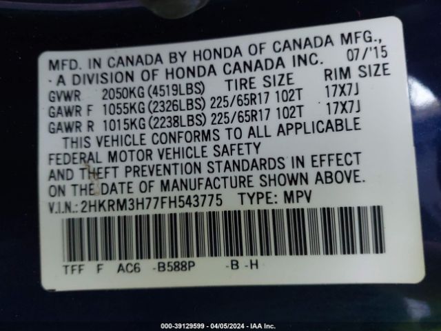 2HKRM3H77FH543775 Honda Cr-v Ex-l