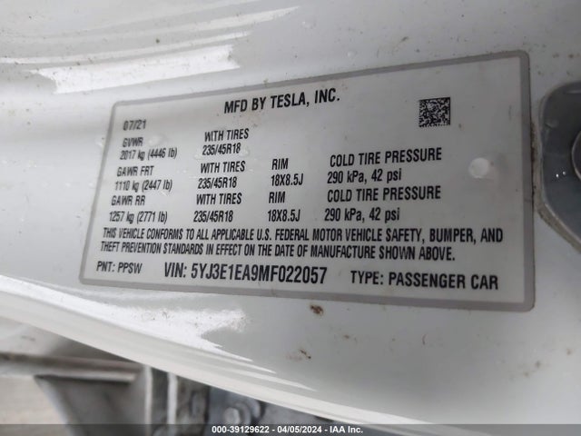 5YJ3E1EA9MF022057 Tesla Model 3 Standard Range Plus Rear-wheel Drive