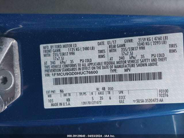 Ford ESCAPE SE 2017 1FMCU9GD0HUC76600 Image 9